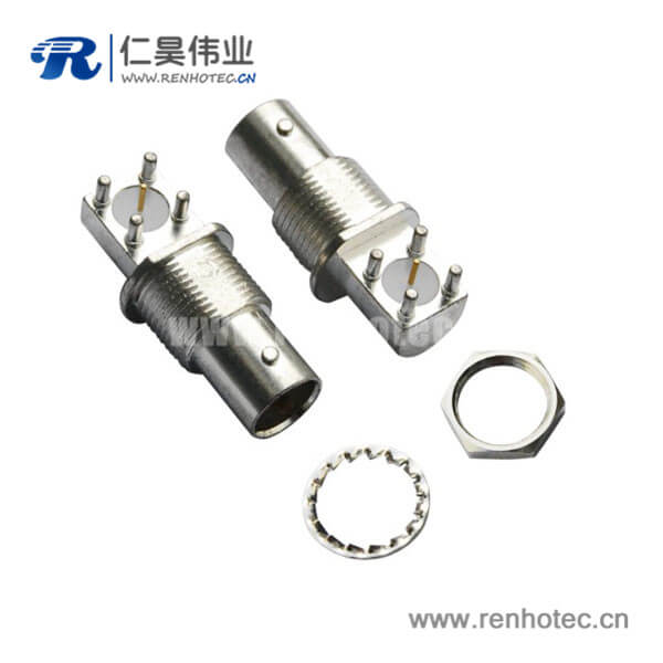 bnc接插件方头5引脚弯式射频同轴母头穿墙接PCB板端