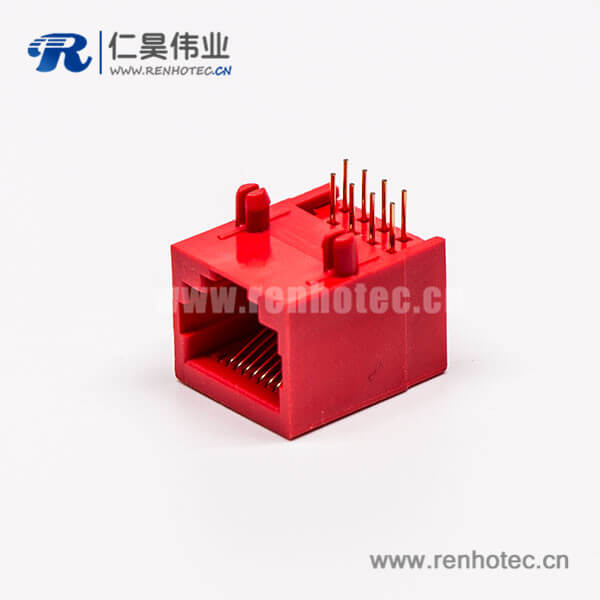 rj45网络接口母座红色全塑8P8C90度接PCB板