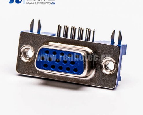 d sub hd15针雌头弯式蓝色胶芯3.08铆锁不带螺丝穿孔