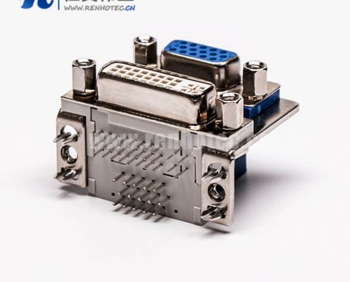DVI接口与15针接口双胞胎蓝胶弯式母头接PCB板接插件