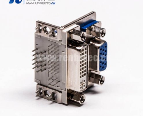 DVI接口与15针接口双胞胎蓝胶弯式母头接PCB板接插件