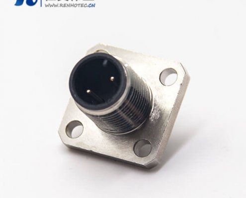 网络接头m12板端插座公头直式2pin带4孔法兰安装焊线式