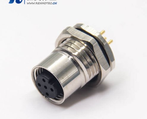 m12接插件pcb直式母头航空防水插座5芯前锁板