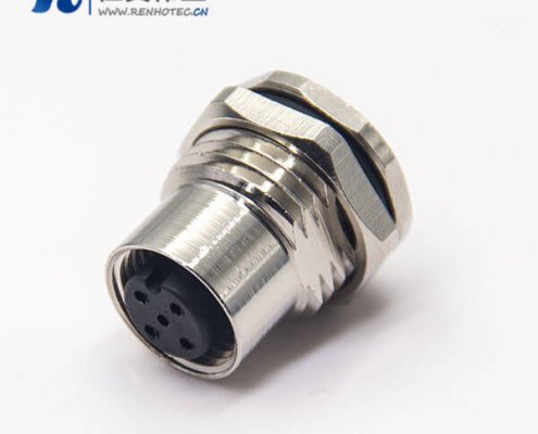 m12接插件5针板端直式防水插座母头穿墙焊线式