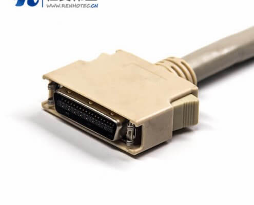SCSI 接插件HPCN型白色塑胶壳双边线36芯公转公直式按键卡勾式连接线1米