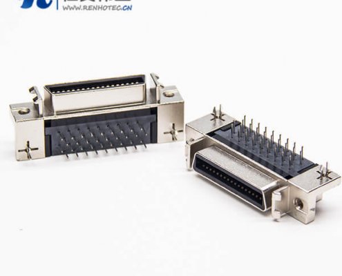 scsi db接插件36pin弯式母头带鱼叉脚插PCB板铆锁连接