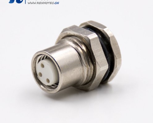 M8防水插座3芯直式前锁板板端插座接线母头焊接式接插件