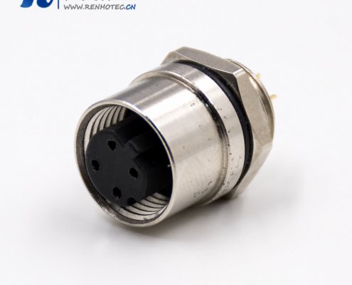 D型锁扣M12母头4芯后锁板板端插座接线直式焊接式接插件