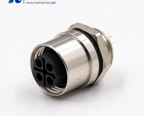 M12接插件4芯S扣母头直式后锁板接线焊接式板端插座接插件