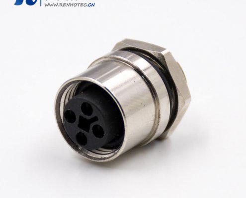 M12母头4芯T扣直式后锁板接线焊接式板端插座接插件