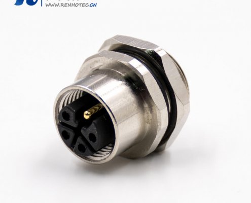 M12圆形接插件5芯L扣母头直式接线焊接式后锁板板端插座传感器