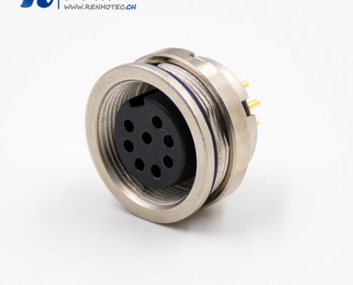 圆8芯插座引脚A扣直式穿墙PCB板接插件板端插座焊接M16母头