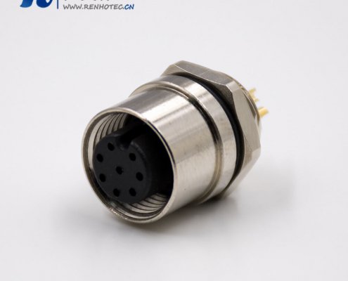 插座8芯M12板端插座A扣直式8芯母头接线焊接式后锁板接插件