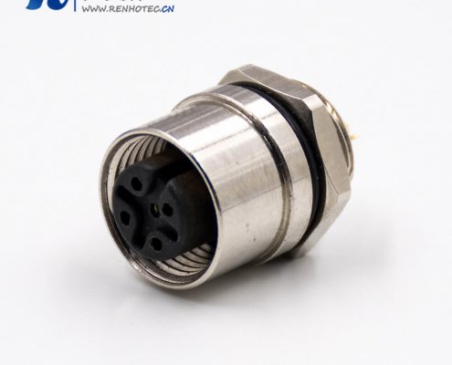 M12航空插座5芯A扣母头直式后锁板接线焊接式板端插座传感器接插件