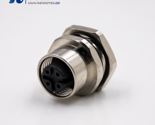 4芯插座M12板端插座A扣直式母头接线焊接式后锁板接插件