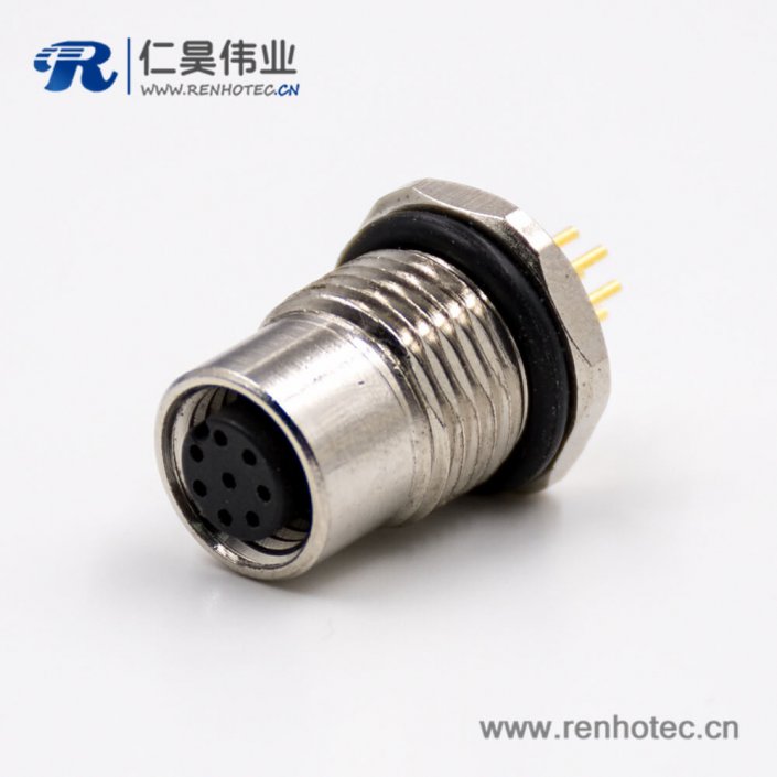 M12A型编码接插件母头直式接PCB板前锁板8芯板端插座传感器