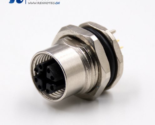 M12防水金属接插件8芯X扣板端插座母头插孔前锁板直式传感器