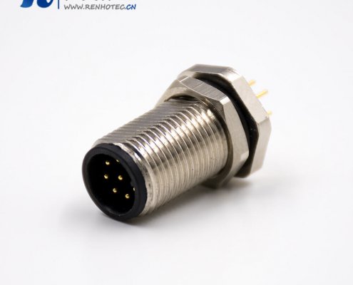 焊板M12板端插座8芯公头A扣直式前锁板接PCB板防水接插件