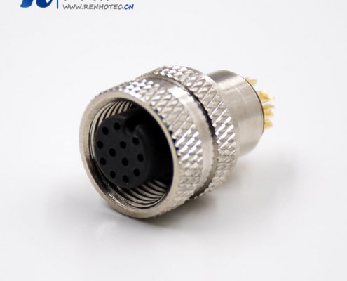 传感器M12接头组装接头接线焊线式A扣12芯母头直式带屏蔽接插件