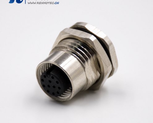 M12接插件母头A扣直式12芯板端插座前锁板接线焊接式传感器