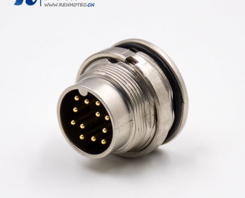 M16穿墙端插座前锁板A扣12芯公头直式接PCB板传感器接插件