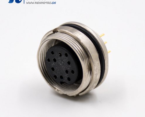 插座母头M16板端插座A扣12芯直式接PCB板前锁板传感器接插件