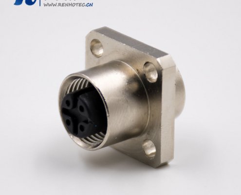 M12法兰插座A扣4芯直式母头面板安装4孔法兰板端插座接插件