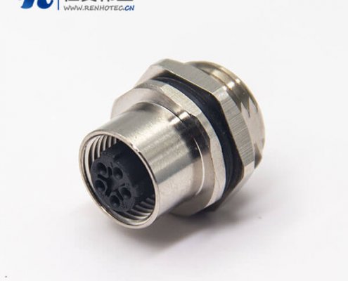 m12母头直式防水航空插座C型编码焊线式后锁穿墙