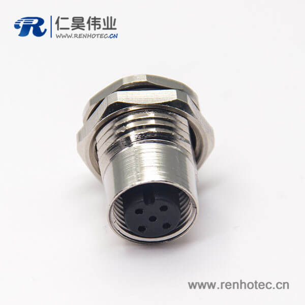 m12接插件5针板端穿墙焊线式直式防水插座母头 m12接插件5针板端穿墙焊线式直式防水插座母头