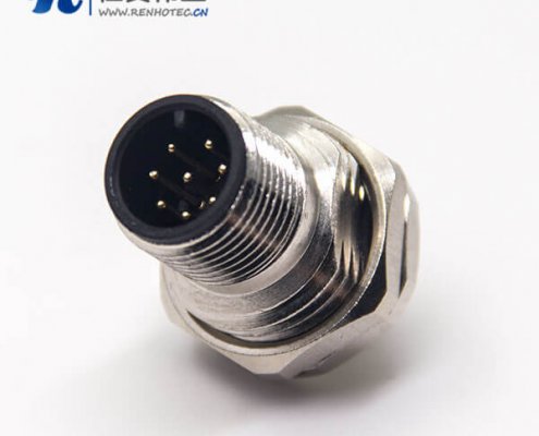 m12接插件系列8pin公头直式板端插座螺纹防水前锁板PCB板安装