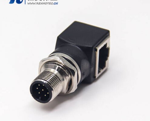 m12接插件转rj45弯式转接头8芯前锁板转RJ45网络接口m12公头