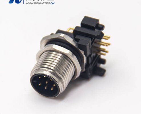 m12 8芯公头接插件插座螺纹前锁板弯式插PCB板防水传感器