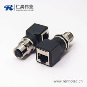 m12插座转rj45接插件m12A型母头转RJ45弯式插座