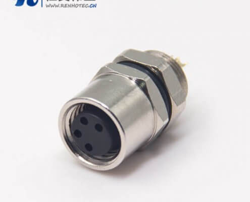 m8螺纹防水接头母头直式4孔后锁板焊线式航空防水插座