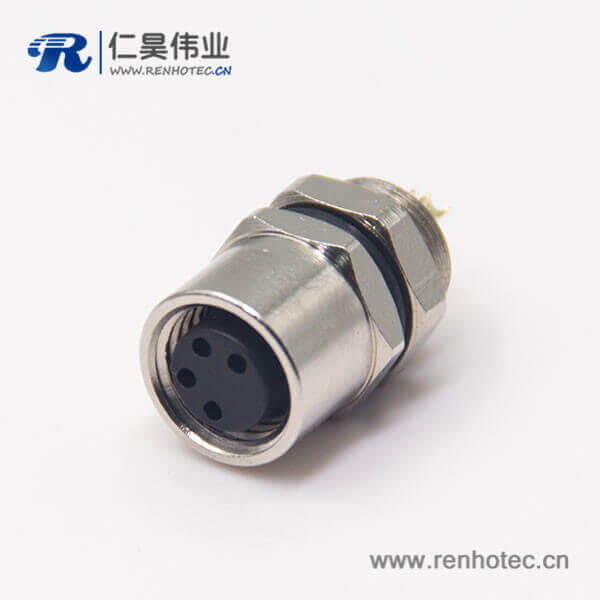 m8螺纹防水接头母头直式4孔后锁板焊线式航空防水插座