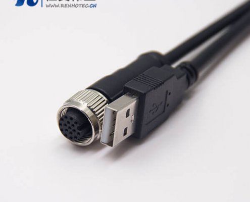 m12转USB接线180度m12A型17芯转USB Type A公头1M AWG26不带屏蔽