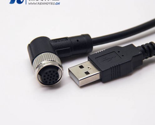 m12母头弯式17芯工业防水直式公头不带屏蔽A编码插头转USB2.01M AWG26
