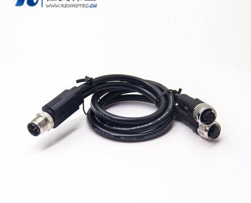 m12航空电缆插头A编码5芯一公转两母成型式注塑线50CM AWG22不带屏蔽